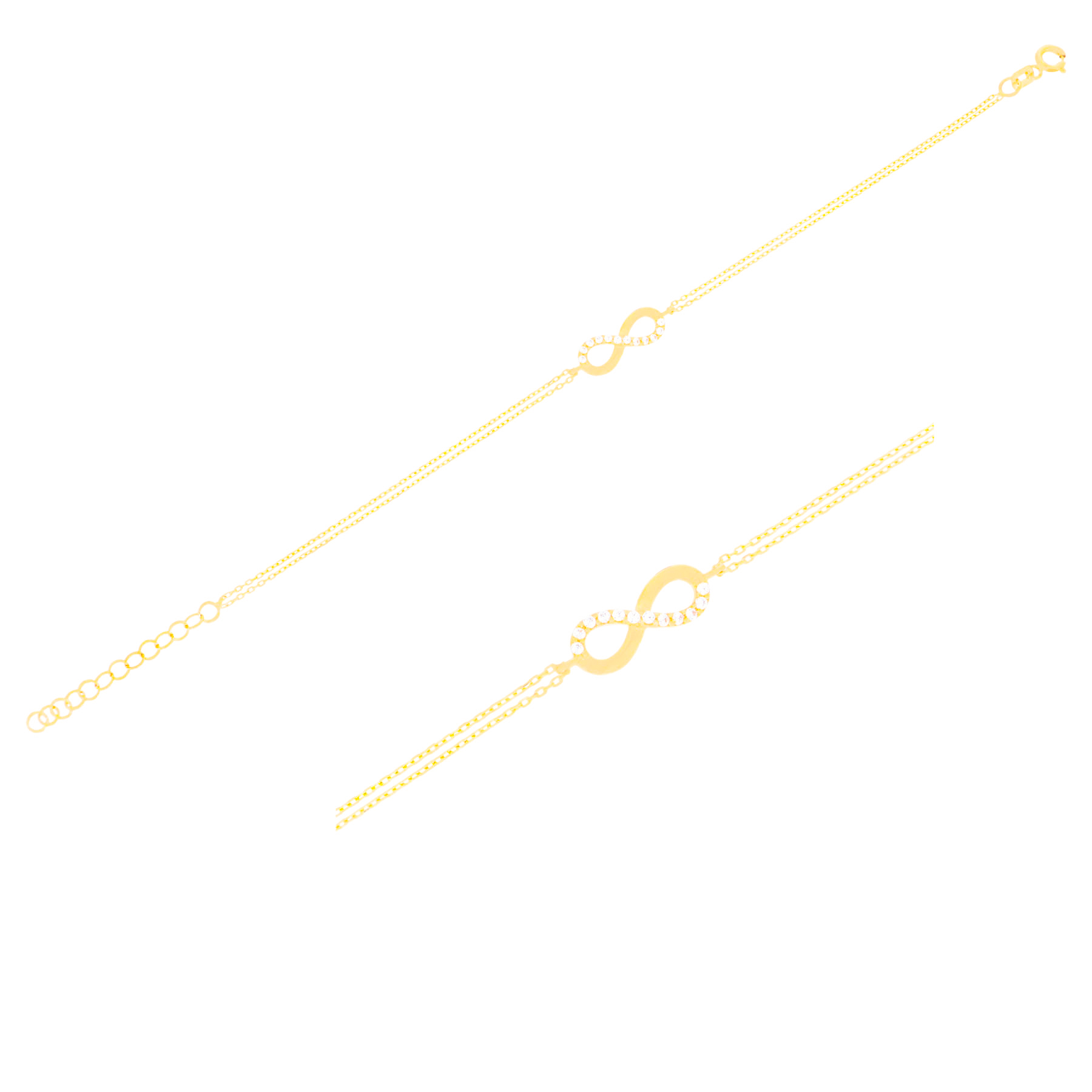 585er Gold Armband Infinity halbseitig Zirkonia, zweireihige Ankerkette, 16–18,5 cm - 1.jpg